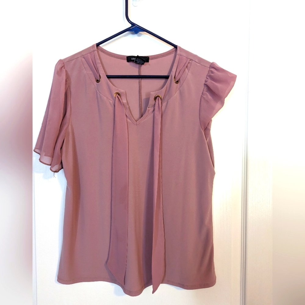 light purple flutter sleeve front tie neck blouse